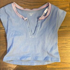Light Blue Out From Under OU Short Sleeve Tee with Pink Trim and V-Neck
